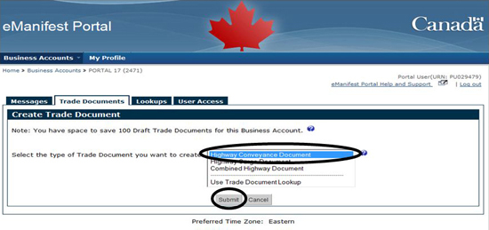 Figure 6.10 Trade Documents tab - Create Trade Document (Highway Conveyance Document)