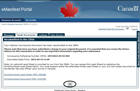 Figure 6-33 Trade Documents tab - Resubmitted to the CBSA
