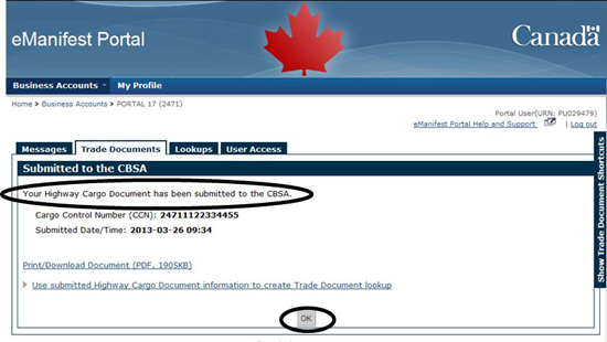 Figure 6.9 Trade Documents tab - Submit to the CBSA (Highway Cargo Document)