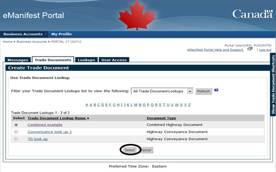 Figure 7-12 Select Trade Documents Lookup